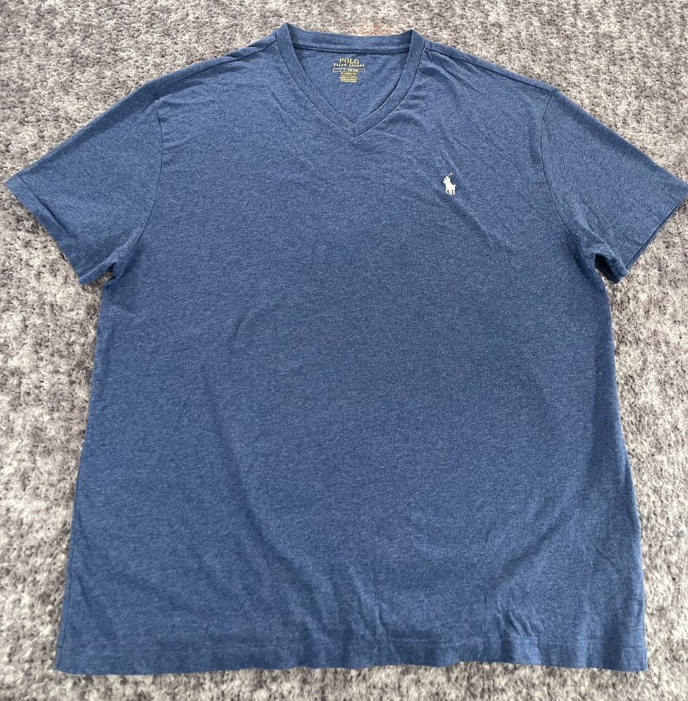Polo Ralph Lauren V-Neck T-Shirt Mens L Blue Classic Fit Cotton Pony Logo